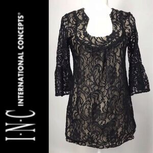 INC INTERNATIONAL Women's Blouse Top Floral Lace Over Lay Size 4 Long Sleeves